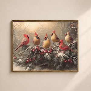 Christmas Cardinal Wall Art Printable, Winter Bird Berry Branch Print, Rustic Living Room Decor