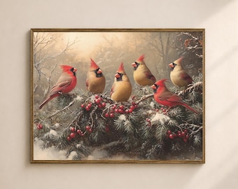 Christmas Cardinal Wall Art Printable, Winter Bird Berry Branch Print, Rustic Living Room Decor