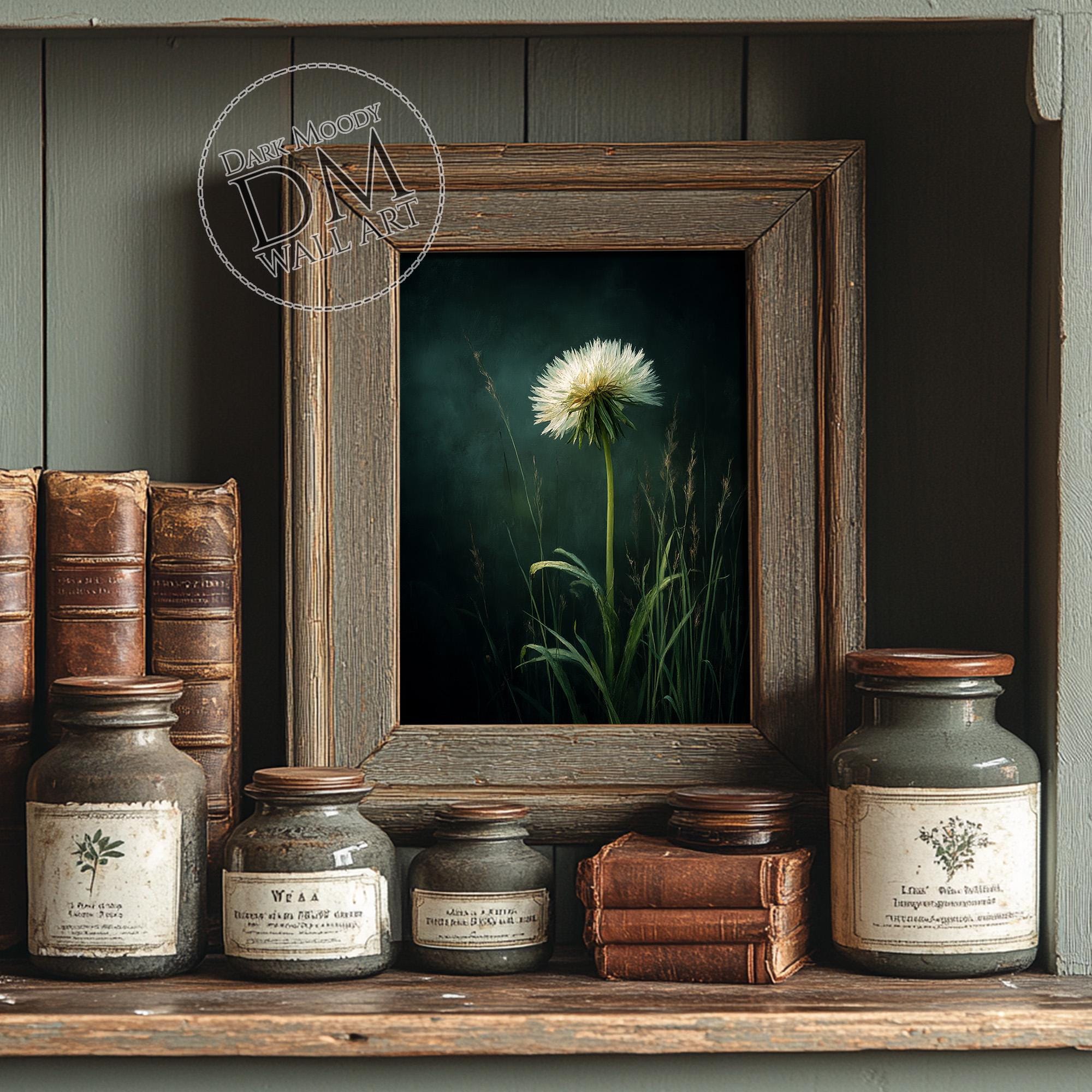 White Dandelion Wall Art Printable, Moody Botanical Flower Print, Dark ...