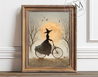 Witch Wall Art Printable, Vintage Witch On Bicycle Full Moon Print, Dark Cottagecore Halloween Decor