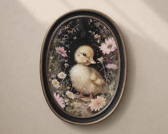 Arte de pared imprimible de patito de Pascua vintage, arte de animales de granja de primavera, descarga digital