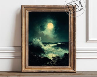 Mondschein Ozean druckbare Wandkunst, dunkles Gothic Stürmisches Meer Druck, Vintage digitaler Download
