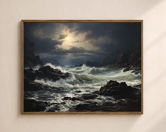 May include: A framed landscape painting depicts a stormy seascape. Dark, rocky cliffs frame the turbulent ocean waves. The sky is filled with dramatic clouds and a bright, obscured sun. The artwork is in a gold-colored frame.