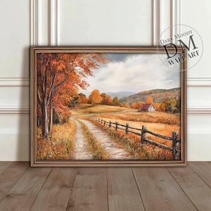 May include: A painting of a country road winding through a field of golden grass and autumn trees. A small white farmhouse is visible in the distance.