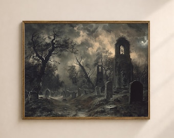 May include: A framed, vintage-style painting depicts a gothic graveyard scene. Dark, ominous clouds fill the sky above a path lined with tombstones and bare trees. A ruined tower stands in the background, adding to the eerie atmosphere.