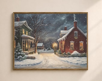 Christmas Village Wall Art Printable, Snowy Winter Cottage Landscape Print, Victorian Christmas Living Room Decor