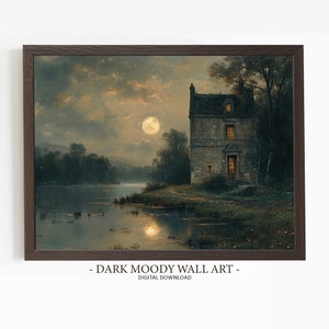 Fall Prints, Printable Moody Lake House Print, Full Moon Painting, Fall Rustic Landscape Wall Art, Autumn Landscape Painting