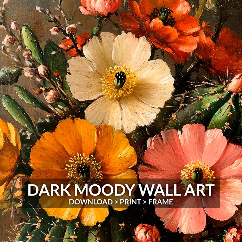 May include: A painting of a bouquet of flowers in a dark, moody style. The flowers are a mix of white, orange, pink, and red, and they are arranged in a vase. The background is a dark brown color, and the painting has a vintage feel.