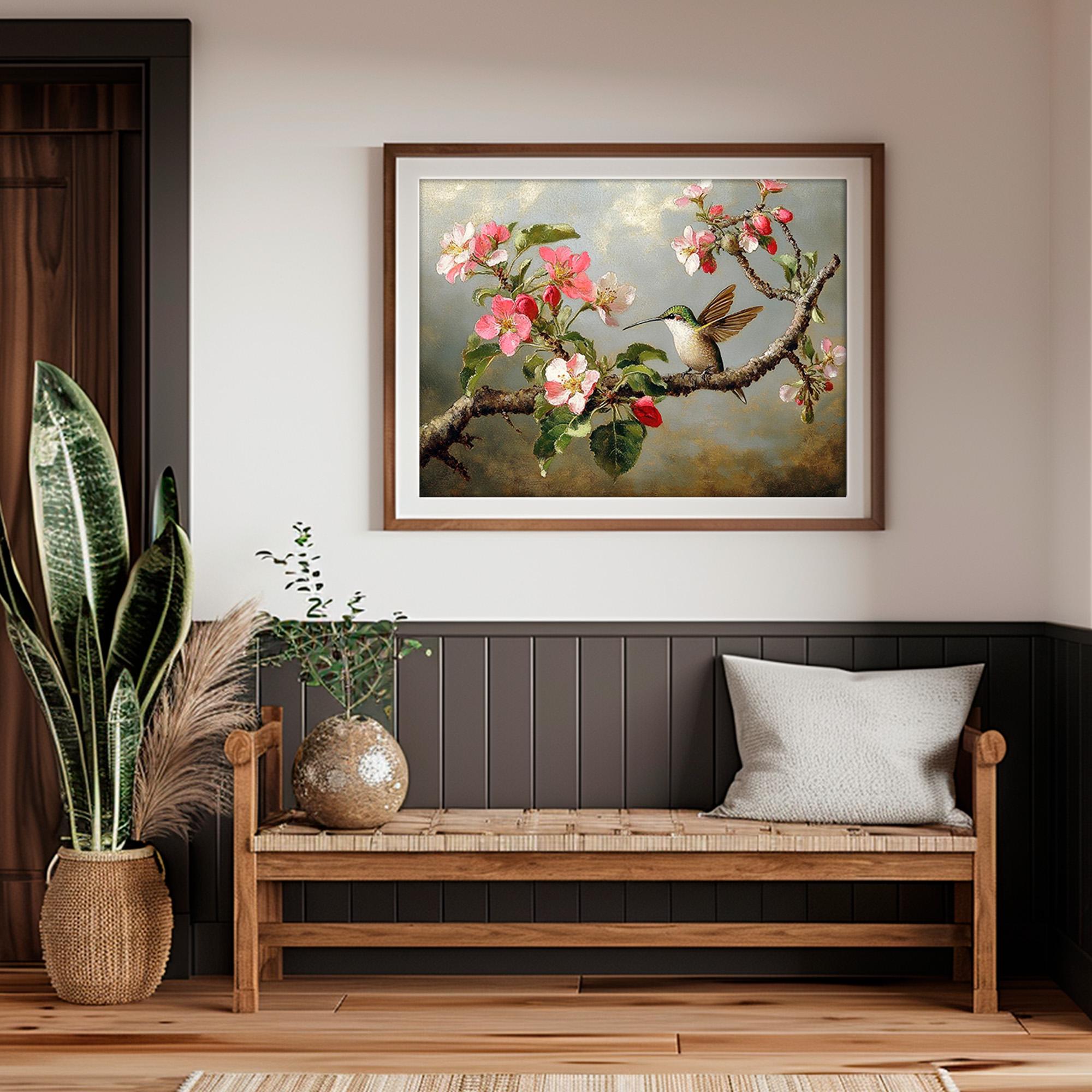 ハチドリのプリント可能なウォールアート、素朴な春の花柄の鳥の