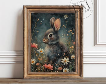 Arte de parede imprimível Dark Bunny, estampa animal primaveril melancólica com flores silvestres, download digital vintage