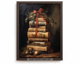 Christmas Books Printable Wall Art, Dark Academia Holiday Still Life Print, Digital Download