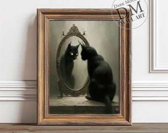 Stampa artistica da parete con gatto nero riflesso, stile gotico, decorazione dark academia per Halloween.