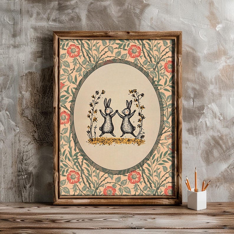 Pode incluir: Uma impress&atilde;o emoldurada com uma borda de padr&atilde;o floral vintage. O centro da impress&atilde;o apresenta um design circular com dois coelhos negros dan&ccedil;ando em um campo de flores amarelas.