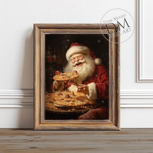 Santa with Pizza Printable Wall Art, Funny Christmas Kitchen Print, Digital Download