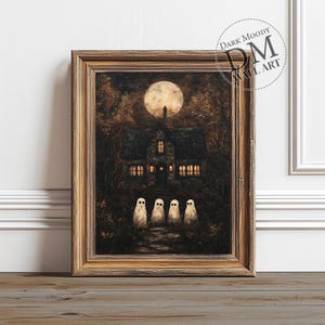 Dark Cottage with Ghosts Print, Printable Halloween Wall Art, Dark Cottagecore Print, Rustic Farmhouse Art, Vintage Dark Academia Decor