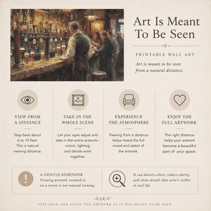 Pu&ograve; includere: Arte murale stampabile con il testo "Art Is Meant To Be Seen". L'opera presenta una scena di pub vintage con clienti e un barista. Il poster include suggerimenti per la visualizzazione dell'arte, come la visualizzazione da una distanza di 1,8 a 3 metri.