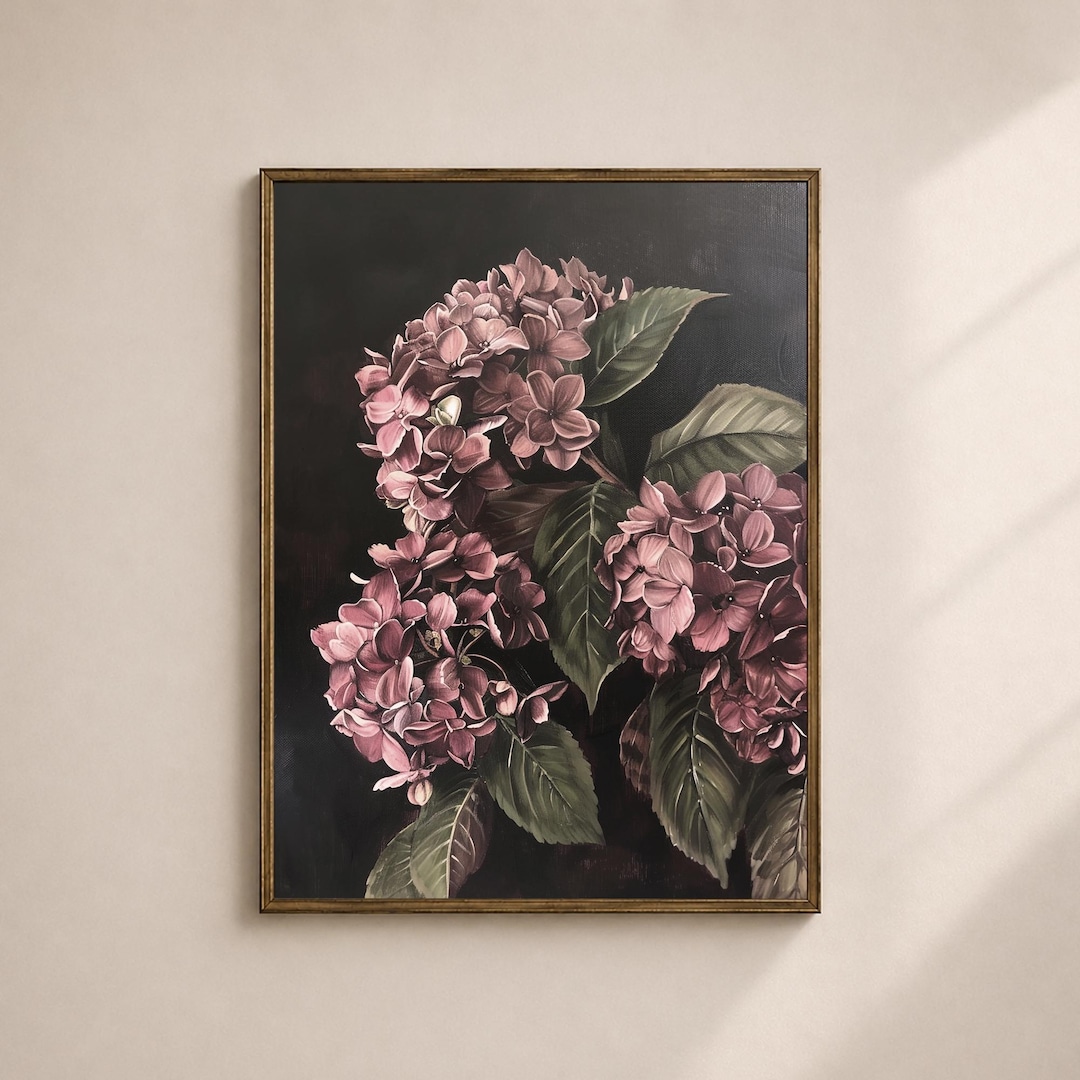 Dark Floral Wall Art Printable, Moody Hydrangea Botanical Print, Dark ...