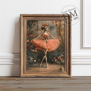 Bailarina del Día de los Muertos, arte mural imprimible de estilo oscuro y melancólico, impresión de danza de esqueleto floral, descarga digital