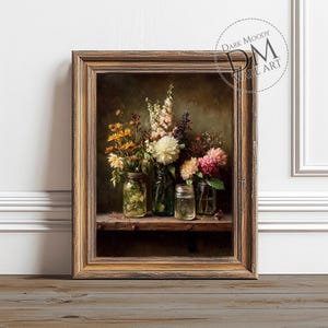 Rustic Flower Still Life Printable Wall Art, Farmhouse Mason Jar Floral Print, Digital Download