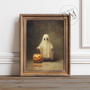 Ghost with Pumpkin Printable Wall Art, Gothic Halloween Haunted Print, Digital Download
