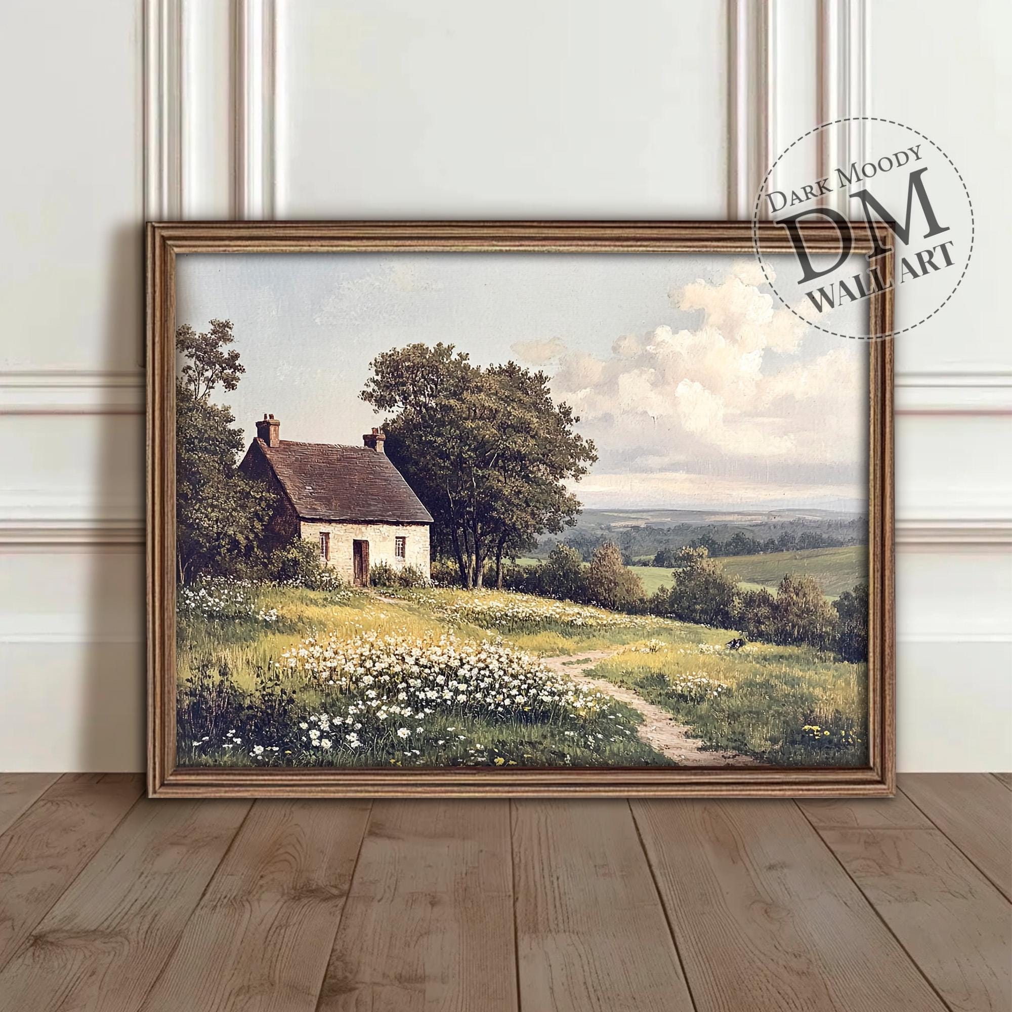 Irish Spring Farmhouse Print, Country Summer Landscape Oil Painting, Printable Rustic Wall Art