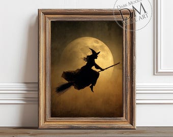 Witch Wall Art Printable, Vintage Flying Witch Full Moon Print, Witchy Bedroom Decor