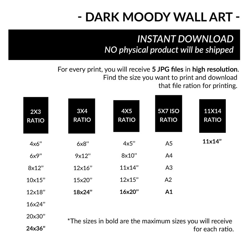 May include: A chart showing different aspect ratios for digital art prints. The chart lists the ratios 2x3, 3x4, 4x5, 5x7 ISO, and 11x14. Each ratio has a list of corresponding sizes in inches, with the largest size in bold. The chart also includes standard paper sizes A5, A4, A3, A2, and A1.