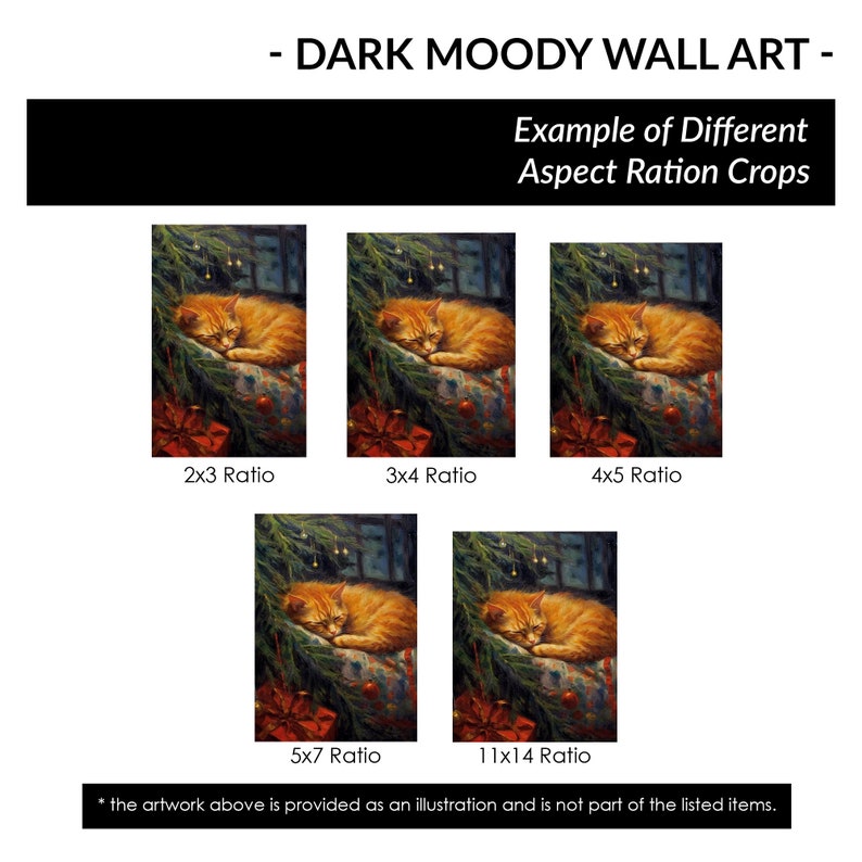 May include: A digital illustration of a sleeping orange tabby cat under a Christmas tree with red and gold ornaments. The image shows different aspect ratios for cropping the image.