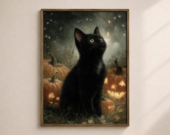 May include: A framed wall art print featuring a black cat sitting in a grassy field at night. The cat is surrounded by several orange pumpkins, some of which are carved and glowing from within. The dark sky above is filled with small, bright stars.