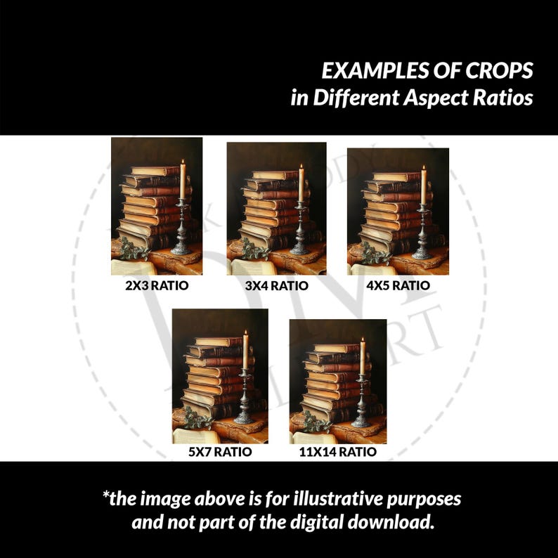 Puede incluir: Imagen que muestra ejemplos de recortes en diferentes proporciones. Presenta pilas de libros antiguos, una vela en un candelabro y etiquetas para cada tama&ntilde;o de recorte, incluyendo 2x3, 3x4, 4x5, 5x7 y 11x14. El texto inferior indica que la imagen es para fines ilustrativos.