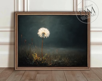 Dandelion Printable Wall Art, Moody Minimalist Botanical Flower Print, Vintage Digital Download