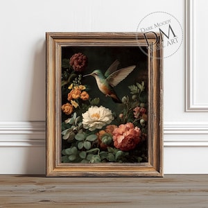 Hummingbird And Peonies, Printable Dark Moody Wall Art, Vintage Floral Still Life Bird Print, Digital Download