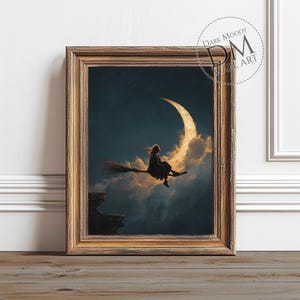 Witch Flying by Crescent Moon, Printable Dark Moody Wall Art, Gothic Fantasy Night Sky Print, Digital Download