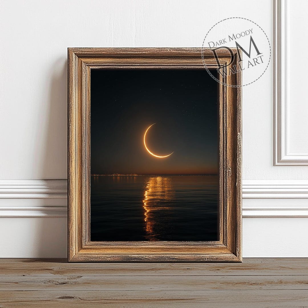 Crescent Moon Over Ocean Printable Wall Art, Moody Night Sky Seascape ...