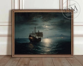 Stampa artistica da parete con nave pirata, paesaggio marino suggestivo al chiaro di luna, decorazione dark academia