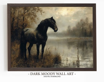 Art mural cheval noir vintage - paysage rustique sombre et maussade, oeuvre de ferme vintage, peinture à l&#39;huile imprimable