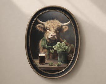 Afdrukbare muurkunst Highland Cow, Irish Pub Beer St Patricks Day print, vintage digitale download