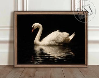 Weißer Schwan druckbare Wandkunst, Gothic Moody Animal Print, Vintage digitaler Download