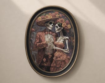 Day of the Dead Skeleton Couple Printable Wall Art, Mexican Gothic Love Decor, Vintage Digital Download