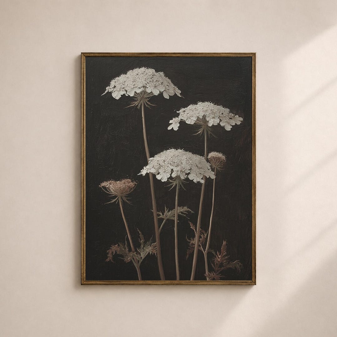 Queen Anne Lace Wall Art Printable, Moody Botanical Flower Print, Dark ...