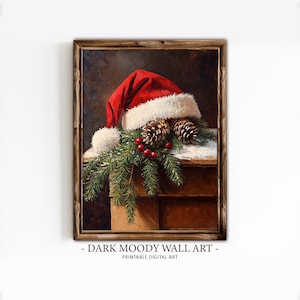 Santa Hat with Pinecones Vintage Christmas Printable Wall Art, Rustic Holiday Decor, Digital Download