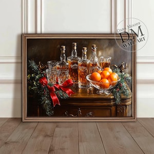Świąteczny wózek barowy z whisky i pomarańczami, drukowana ciemna nastrojowa sztuka ścienna, świąteczny męski nadruk na napoje, pobieranie cyfrowe