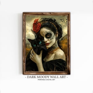 Dia de Muertos Frau mit Katze, druckbare dunkellaunische Wandkunst, Gothic Sugar Skull Portrait Print, digitaler Download