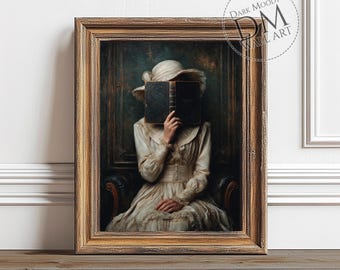 Victorian Woman with Book Printable Wall Art, Gothic Dark Academia Portrait Print, Vintage Digital Download