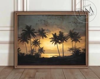 Tropical Beach Wall Art Printable, Vintage Palm Tree Sunset Print, Coastal Living Room Decor