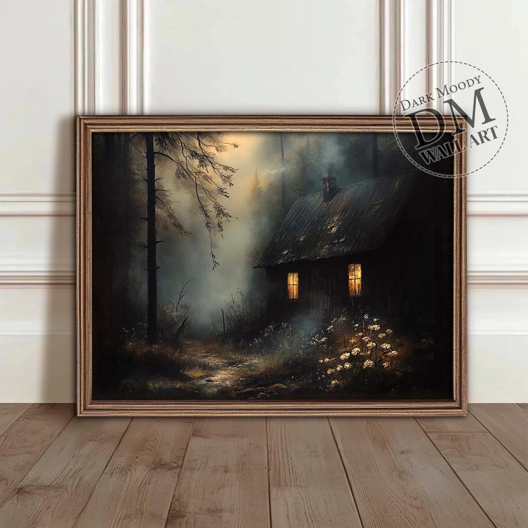 Dark Forest Cabin Wall Art Printable, Moody Woodland Cottage Print ...