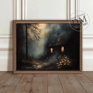 Haunted Cabin in Forest Printable Wall Art, Gothic Foggy Woodland Scene, Digital Download