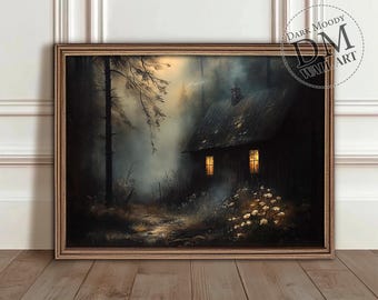 Dark Forest Cabin Wall Art Printable, Moody Woodland Cottage Print, Gothic Rustic Decor