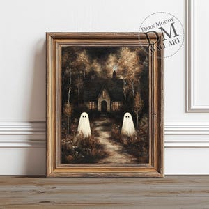 Dark Cottage with Ghosts Print, Printable Vintage Halloween Wall Art, Dark Cottagecore Print, Rustic Farmhouse Art, Dark Academia Decor