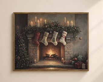 Christmas Fireplace Wall Art Printable, Vintage Holiday Mantel Print, Victorian Christmas Decor